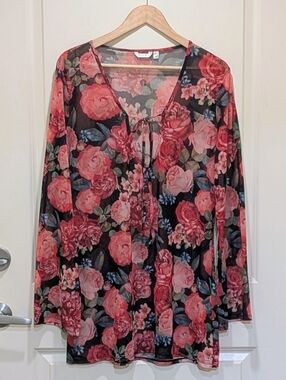 EUC La Vie En Rose Aqua M Sheer Black and Pink Rose Print Beach Dress